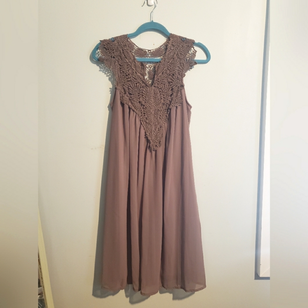 Brown opaque dress with crochet lace neckline.  med